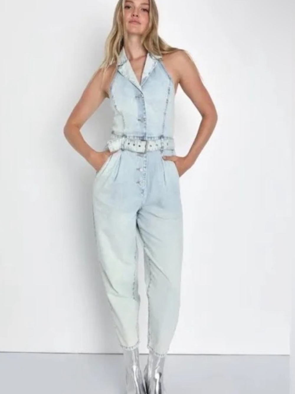 Blank NYC Light Blue Denim Halter Jumpsuit with Self-Tie Belt Medium NWT